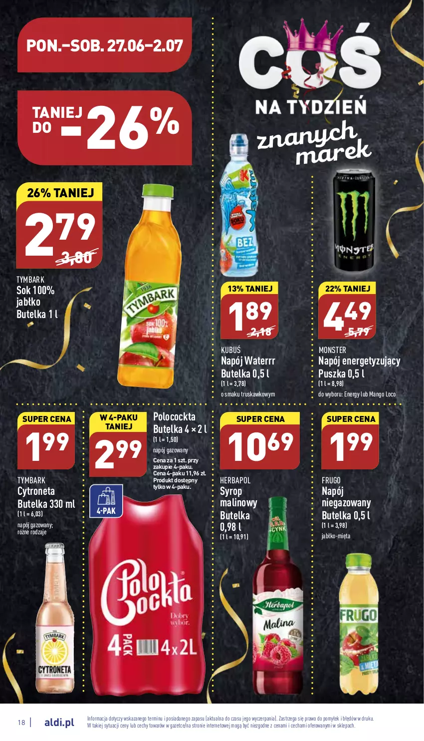 Gazetka promocyjna Aldi - Pełny katalog - ważna 27.06 do 02.07.2022 - strona 18 - produkty: Herbapol, Kubuś, Mango, Mięta, Napój, Napój gazowany, Napój niegazowany, Sok, Syrop, Tymbark