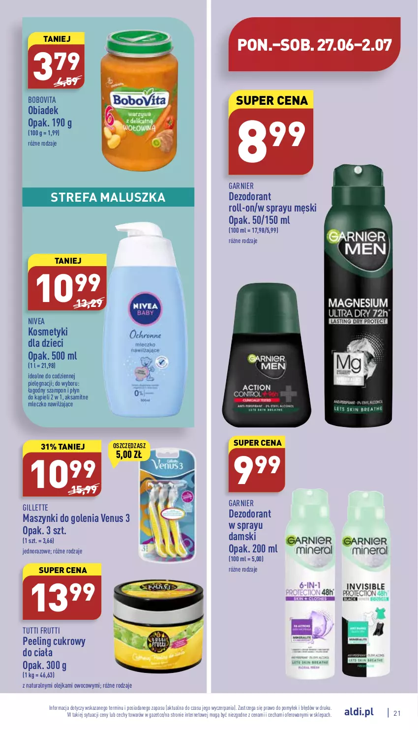 Gazetka promocyjna Aldi - Pełny katalog - ważna 27.06 do 02.07.2022 - strona 21 - produkty: Aksam, BoboVita, Dezodorant, Dzieci, Fa, Garnier, Gillette, Kosmetyki dla dzieci, Mleczko, Nivea, Olej, Peeling, Płyn do kąpieli, Szampon, Venus