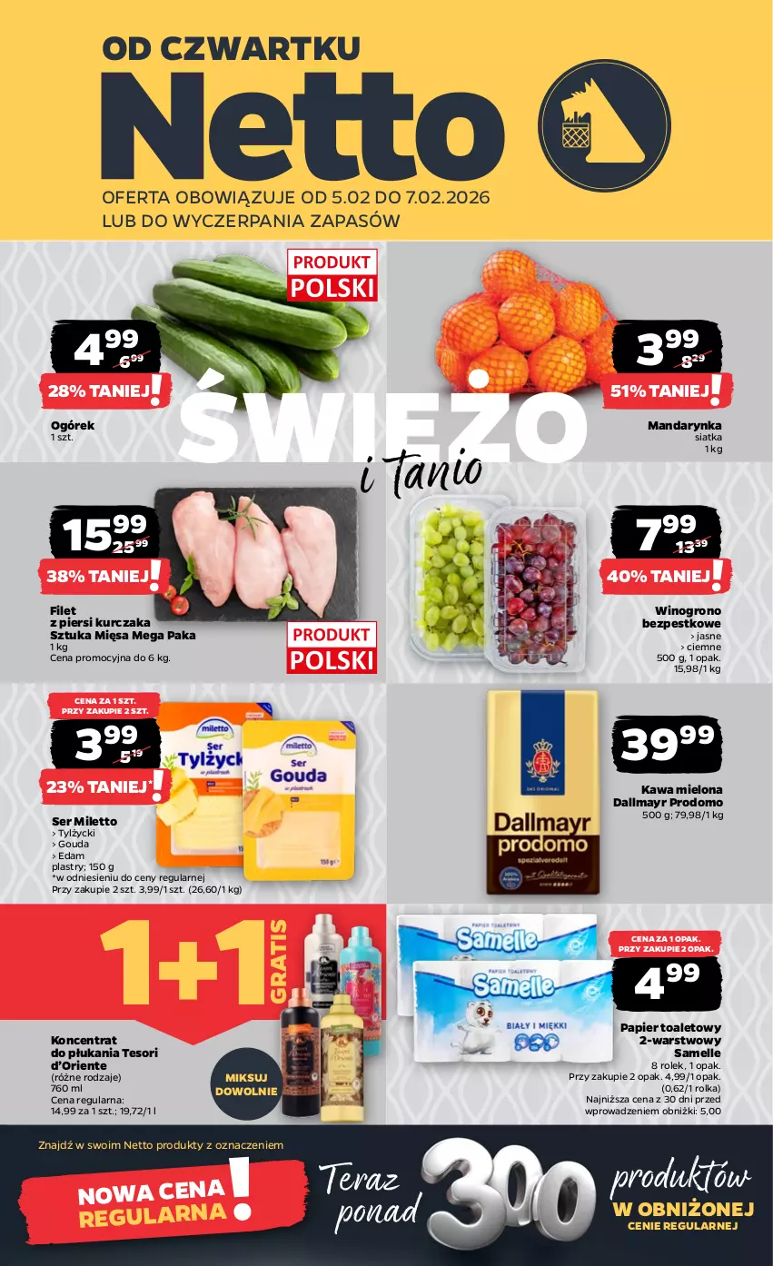 Gazetka promocyjna Netto - Od Czwartku - ważna 05.02 do 07.02.2026 - strona 1 - produkty: Dallmayr, Edam, Filet z piersi kurczaka, Gouda, Gra, Kawa, Kawa mielona, Kurczak, Ogórek, Papier, Papier toaletowy, Ser, Siatka, Tera, Wino