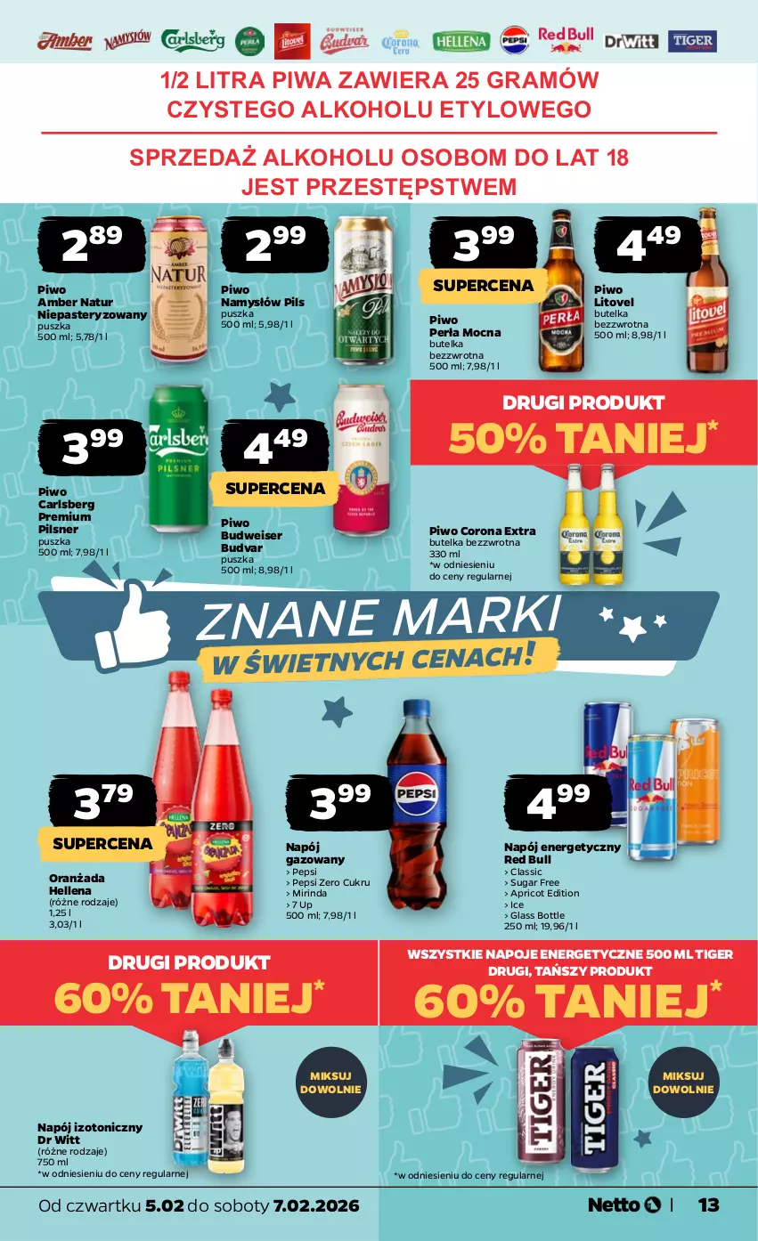 Gazetka promocyjna Netto - Od Czwartku - ważna 05.02 do 07.02.2026 - strona 13 - produkty: Carlsberg, Corona Extra, Gra, Hellena, Mirinda, Namysłów, Napój, Napój energetyczny, Napój gazowany, Napój izotoniczny, Napoje, Oranżada, Pepsi, Perła, Piwa, Piwo, Red Bull, Ser, Tiger