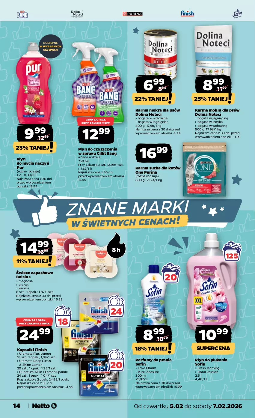 Gazetka promocyjna Netto - Od Czwartku - ważna 05.02 do 07.02.2026 - strona 14 - produkty: Bols, Bolsius, Cillit Bang, Do mycia naczyń, Finish, Flora, Gra, Granat, Perfum, Płyn do mycia, Płyn do mycia naczyń, Płyn do płukania, Pur, Purina