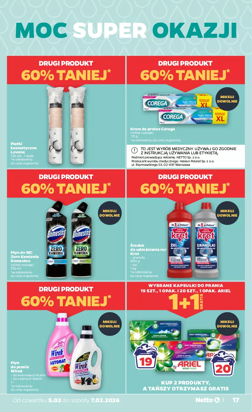 Gazetka promocyjna Netto - Od Czwartku - ważna 05.02 do 07.02.2026 - strona 17 - produkty: Ariel, Corega, Domestos, Gra, Kapsułki do prania, Kret, Leon, Płatki kosmetyczne, Płyn do prania, Płyn do wc