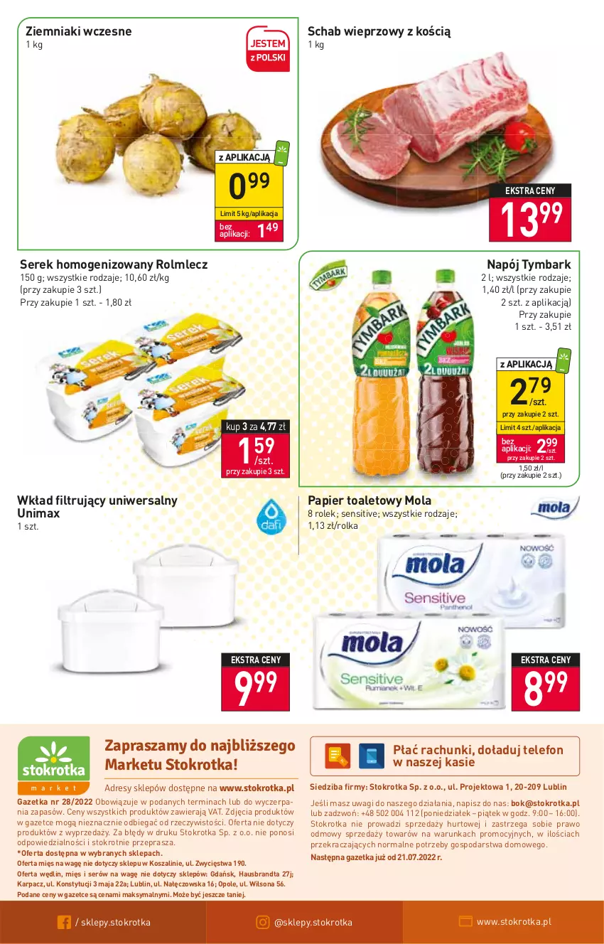 Gazetka promocyjna Stokrotka - Market - ważna 14.07 do 20.07.2022 - strona 12 - produkty: Karp, Kosz, Mola, Napój, O nas, Papier, Papier toaletowy, Rolmlecz, Schab wieprzowy, Ser, Serek, Serek homogenizowany, Szal, Telefon, Tymbark, Wagi, Wilson, Wkład filtrujący, Ziemniaki