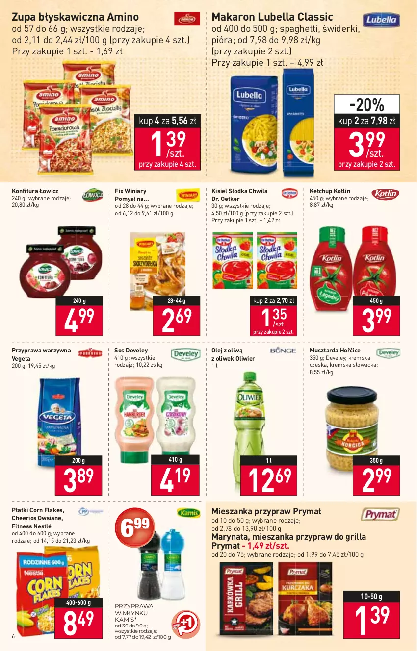 Gazetka promocyjna Stokrotka - Market - ważna 14.07 do 20.07.2022 - strona 6 - produkty: Bell, Bella, Cheerios, Corn flakes, Dr. Oetker, Grill, Kamis, Ketchup, Kisiel, Konfitura, Kotlin, Lubella, Makaron, Mus, Musztarda, Nestlé, Olej, Prymat, Słodka Chwila, Sos, Spaghetti, Vegeta, Winiary, Zupa