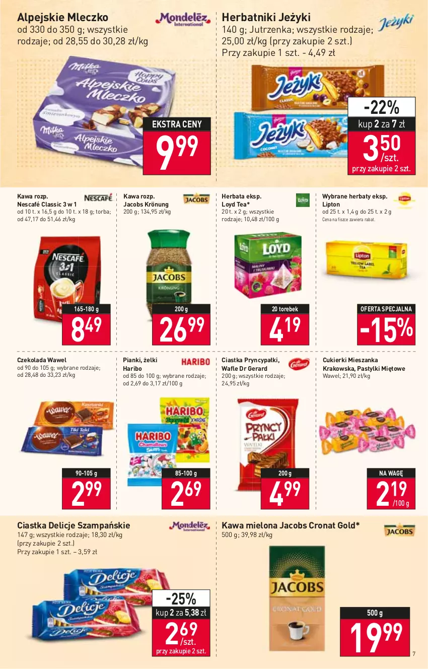 Gazetka promocyjna Stokrotka - Market - ważna 14.07 do 20.07.2022 - strona 7 - produkty: Ciastka, Cukier, Cukierki, Czekolada, Delicje, Dr Gerard, Haribo, Herbata, Herbatniki, Jacobs, Jacobs Krönung, Jeżyki, Jutrzenka, Kawa, Kawa mielona, Lipton, Loyd, Mleczko, Nescafé, Pastylki, Torba, Wafle, Wawel