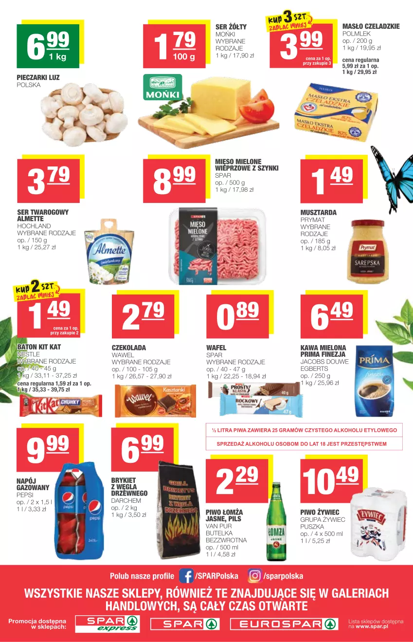 Gazetka promocyjna Spar - Express - ważna 21.04 do 27.04.2021 - strona 2 - produkty: Almette, Baton, Czekolada, Hochland, Jacobs, Kawa, Kawa mielona, Kit Kat, Masło, Mięso, Mięso mielone, Mus, Musztarda, Pepsi, Piec, Piwo, POLMLEK, Prima, Prymat, Pur, Ser, Ser twarogowy, Wawel