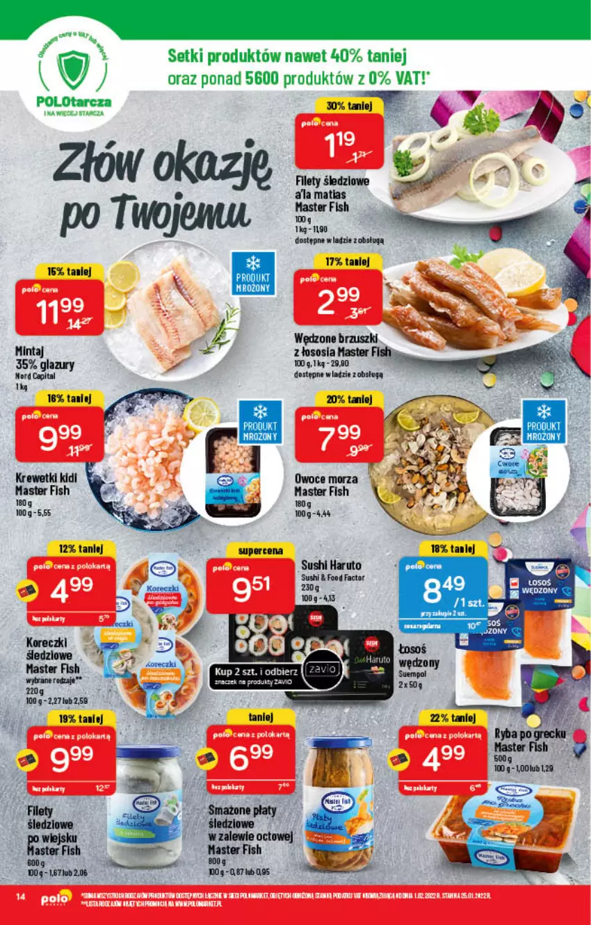 Gazetka promocyjna PoloMarket - Gazetka pomocyjna - ważna 23.02 do 01.03.2022 - strona 14 - produkty: Fa, Krewetki, Lazur, Mintaj, Owoce, Owoce morza, Płaty śledziowe, Ryba, Ryba po grecku, Sos, Sushi