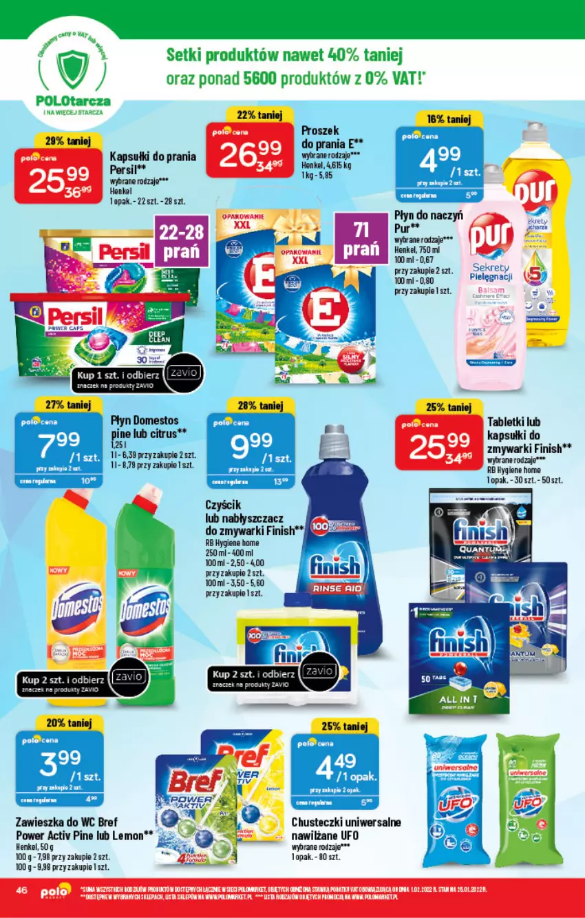 Gazetka promocyjna PoloMarket - Gazetka pomocyjna - ważna 23.02 do 01.03.2022 - strona 46 - produkty: Chusteczki, Domestos, Finish, Kapsułki do prania, Koc, Persil, Proszek do prania, Pur, Tablet, Zawieszka do wc, Zmywarki