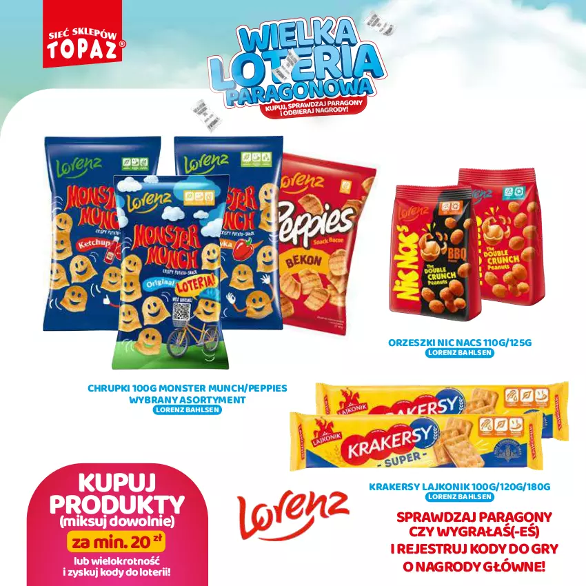 Gazetka promocyjna Topaz - Gazetka - ważna 19.08 do 13.10.2024 - strona 38 - produkty: Chrupki, Gra, Gry, Krakersy, Lajkonik, Lorenz, Monster Munch, Orzeszki