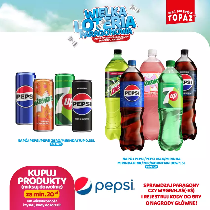 Gazetka promocyjna Topaz - Gazetka - ważna 19.08 do 13.10.2024 - strona 47 - produkty: 7up, Gra, Gry, Mirinda, Napój, Pepsi, Pepsi max