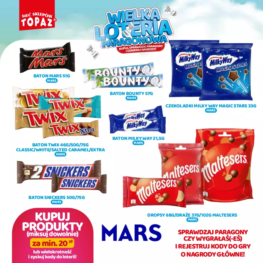 Gazetka promocyjna Topaz - Gazetka - ważna 19.08 do 13.10.2024 - strona 58 - produkty: Baton, Bounty, Gra, Gry, Mars, Milky Way, Ser, Snickers, Twix