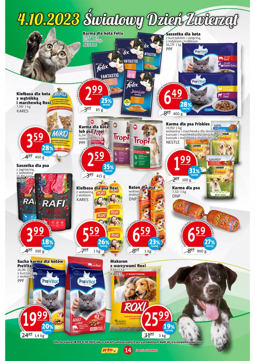 Gazetka promocyjna Prim Market - ważna 28.09 do 04.10.2023 - strona 14 - produkty: Baton, Fa, Felix, Friskies, Gala, Kiełbasa, Królik, Kurczak, Makaron, Marchewka, Por, Warzywa, Wołowina