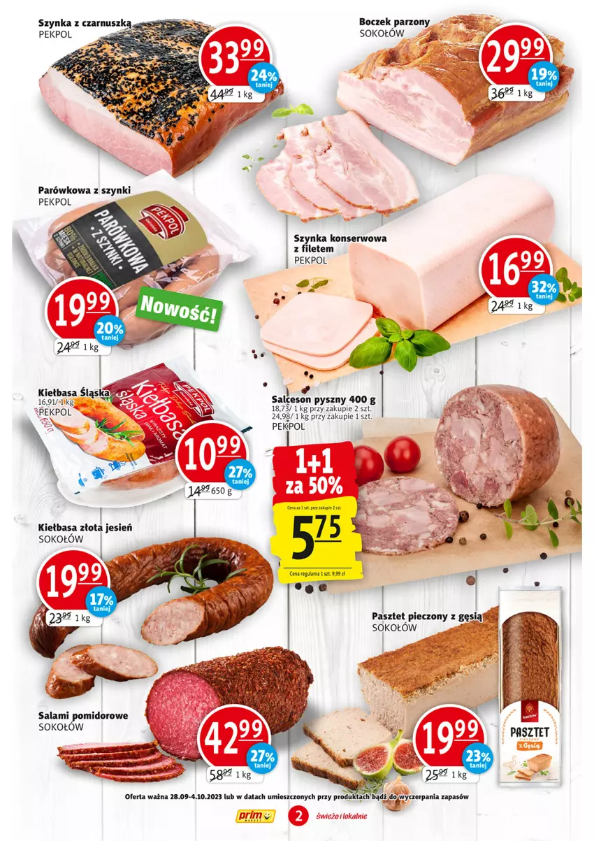 Gazetka promocyjna Prim Market - ważna 28.09 do 04.10.2023 - strona 2 - produkty: Boczek, Kiełbasa, Pasztet, Pekpol, Piec, Salami, Salceson, Ser, Sok, Sokołów, Szynka, Szynka konserwowa