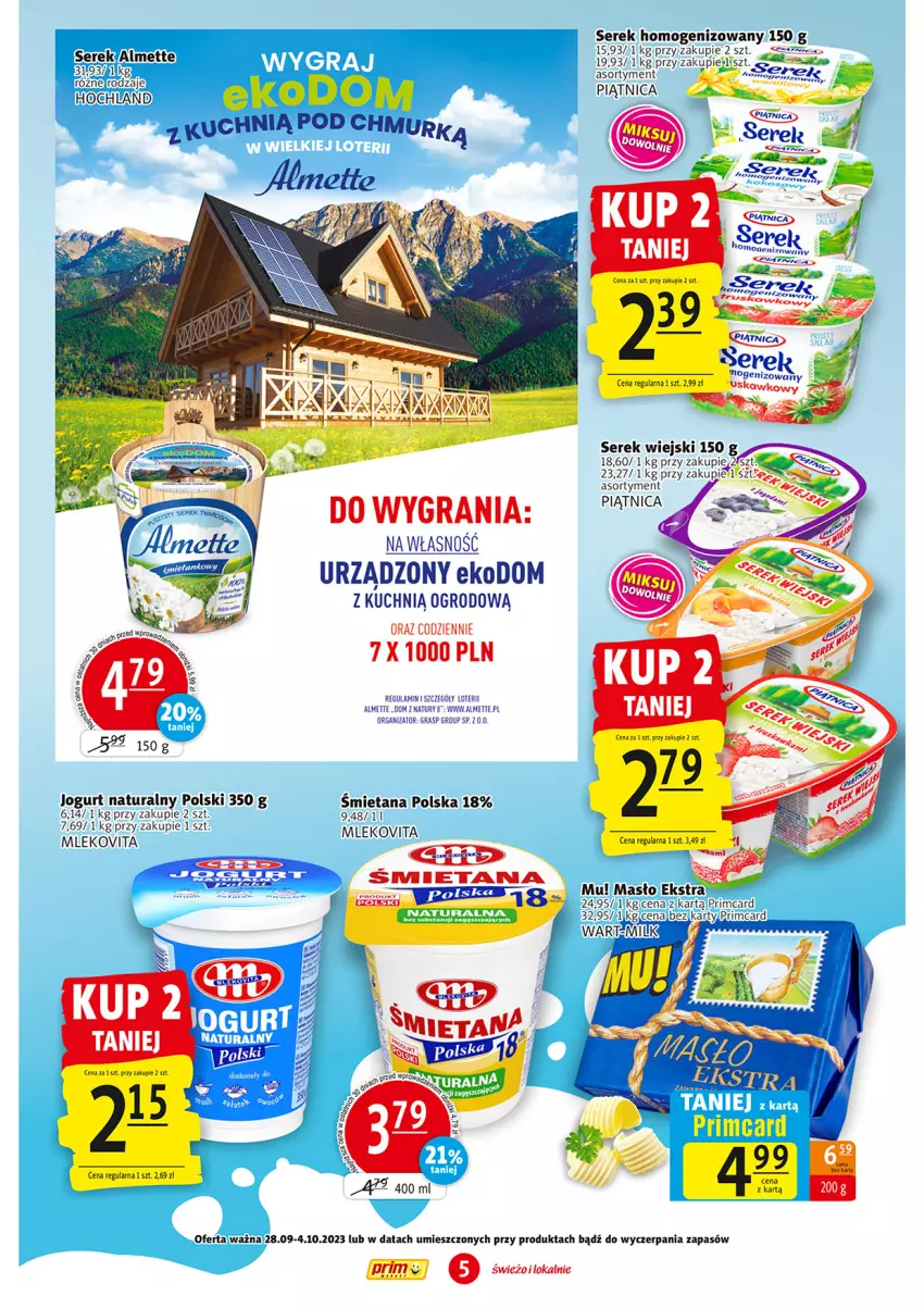 Gazetka promocyjna Prim Market - ważna 28.09 do 04.10.2023 - strona 5 - produkty: Almette, Gra, Jogurt, Jogurt naturalny, Mleko, Mlekovita, Piątnica, Ser, Serek, Serek homogenizowany