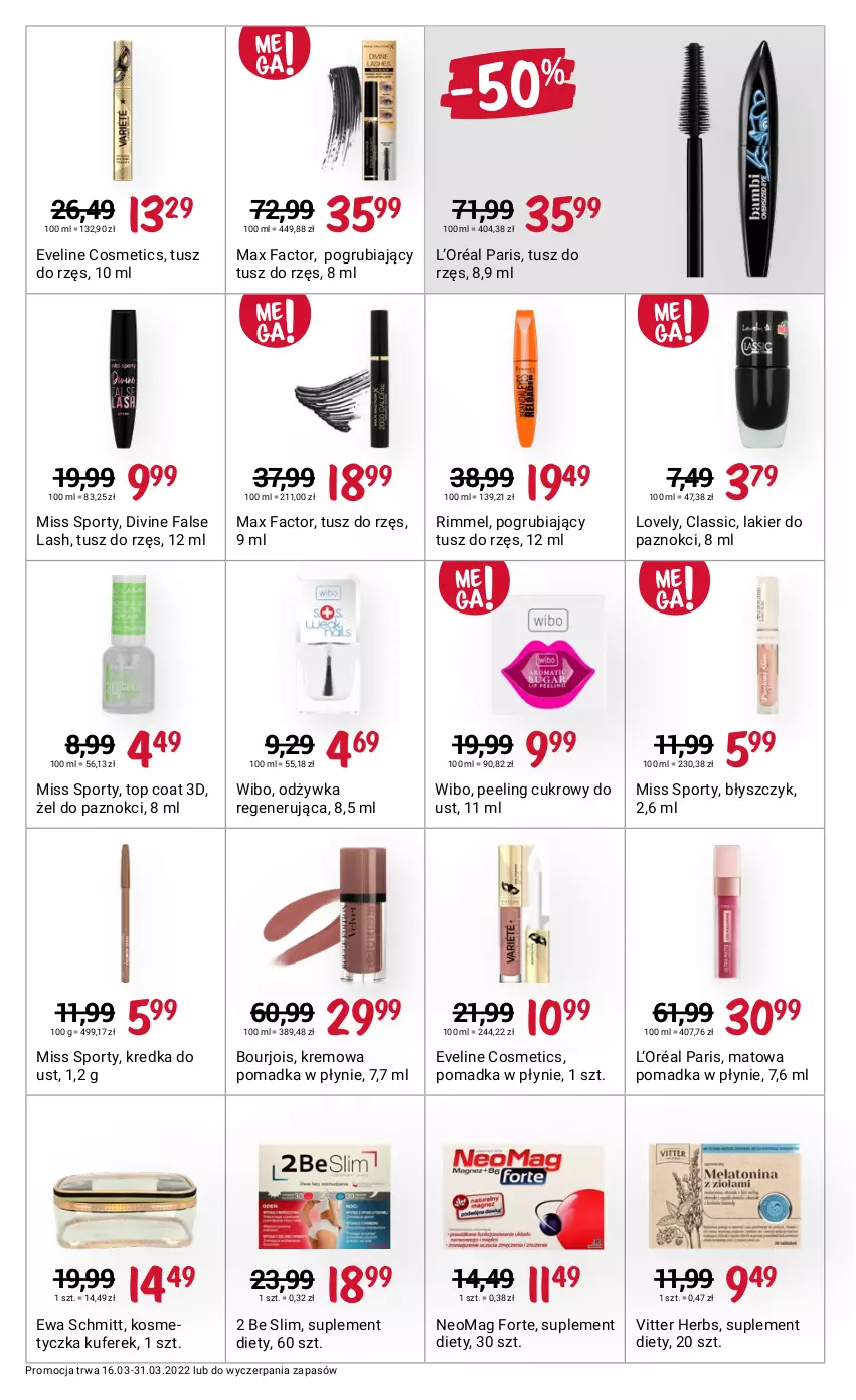 Gazetka promocyjna Rossmann - ważna 16.03 do 31.03.2022 - strona 14 - produkty: 2 Be SLIM, Bourjois, Divine, Eveline, Ewa Schmitt, Fa, Kosmetyczka, Kredka, L’Oréal, Lakier, Lakier do paznokci, Lovely, Max Factor, Miss Sporty, Odżywka, Peeling, Por, Sport, Suplement diety, Top, Tusz, Wibo