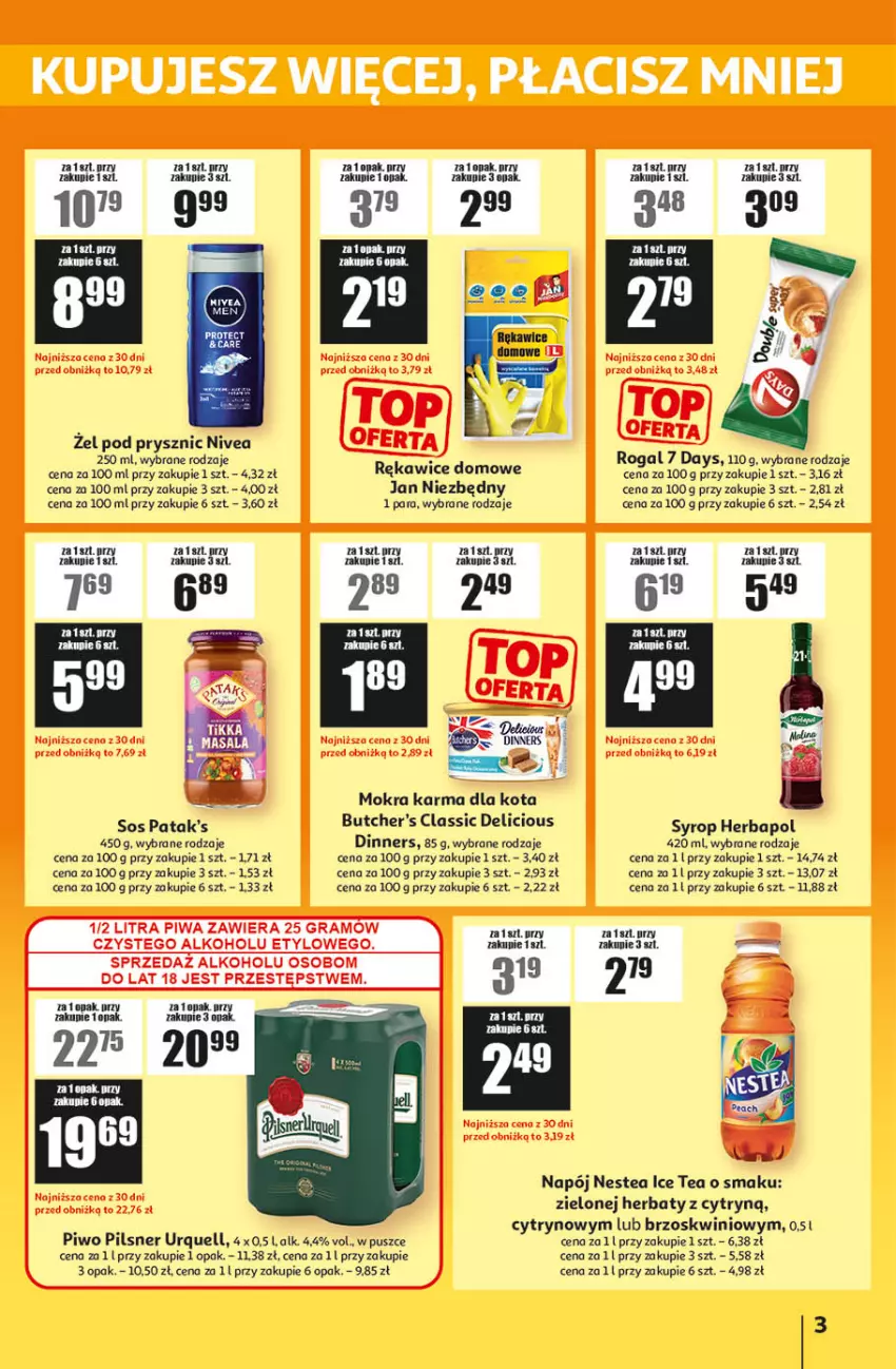 Gazetka promocyjna Auchan - ATAC Hiper Discount - ważna 09.04 do 28.04.2026 - strona 3 - produkty: 7 Days, Butcher's, Herbapol, Ice tea, Jan Niezbędny, Mokra karma, Napój, Nestea, Nivea, Patak's, Pilsner Urquell, Piwo, Rękawice, Rogal, Ser, Sos, Syrop
