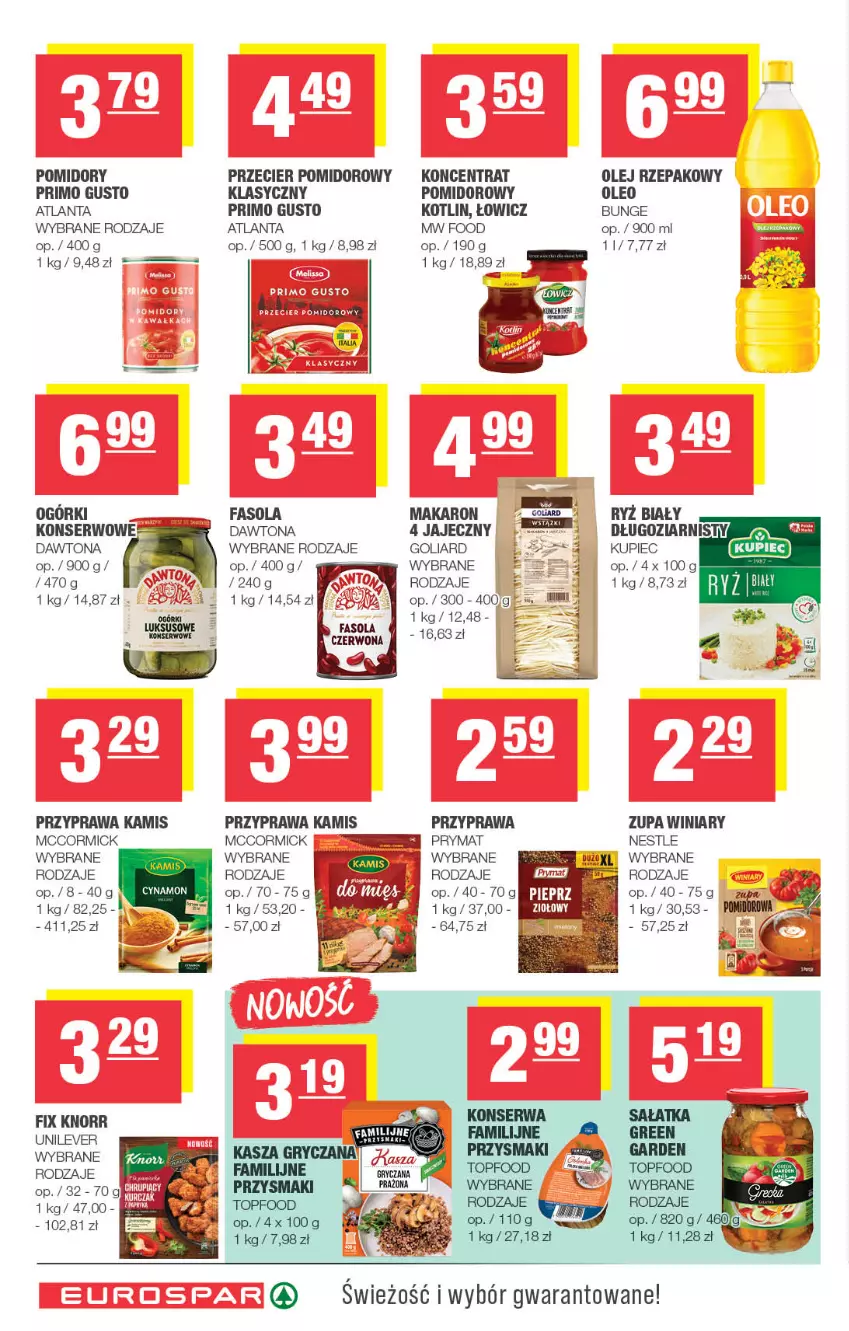Gazetka promocyjna Spar - EuroSpar - ważna 03.11 do 13.11.2025 - strona 10 - produkty: Dawtona, Fa, Fasola, Goliard, Gry, Kamis, Kotlin, Kupiec, Makaron, Olej, Olej rzepakowy, Oleo, Piec, Pomidory, Prymat, Przysmaki, Ryż, Ryż biały, Sałat, Sałatka, Ser, Top, Winiary, Zupa