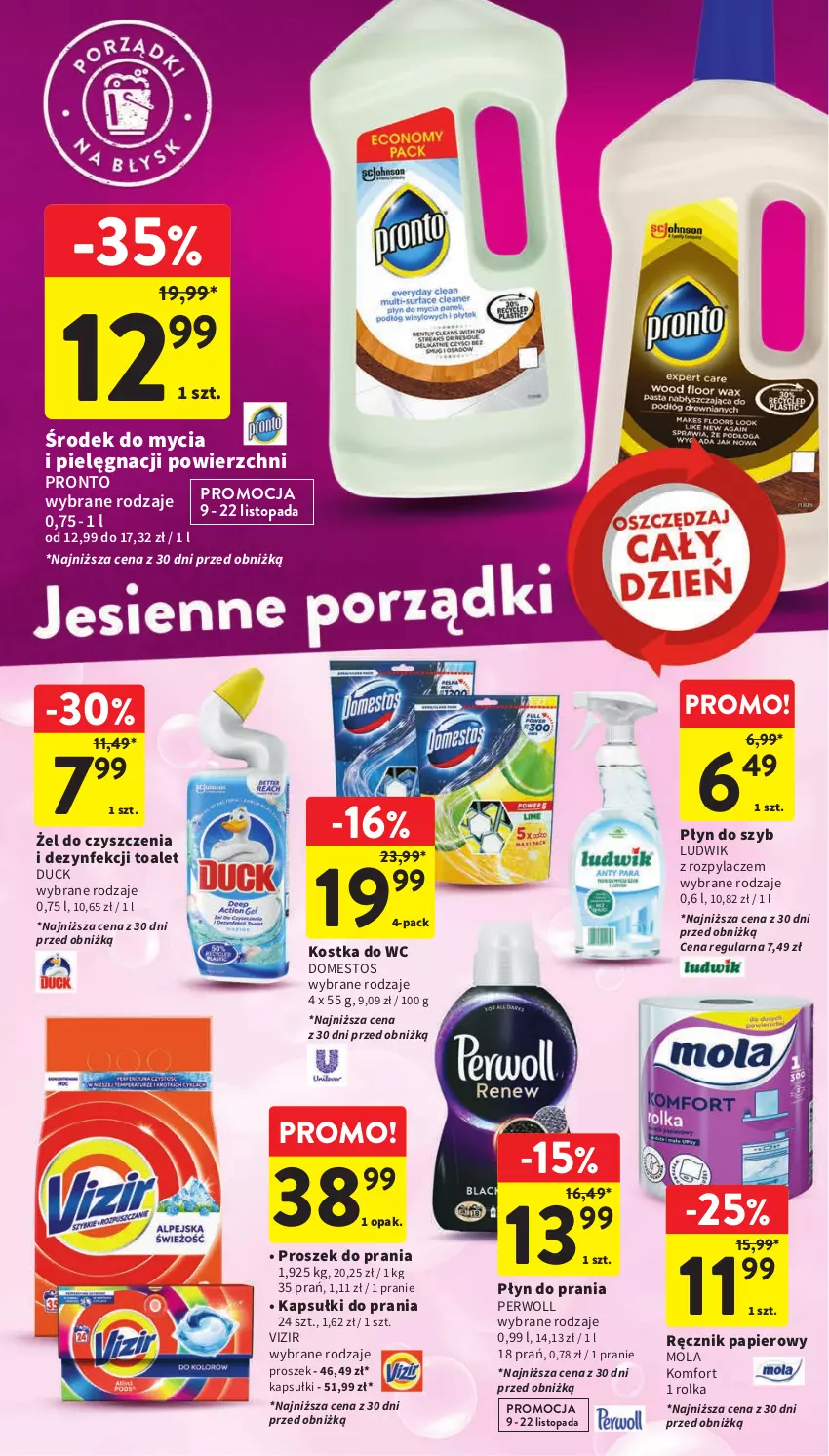 Gazetka promocyjna Intermarche - Gazetka Intermarche - ważna 09.11 do 15.11.2023 - strona 38 - produkty: Domestos, Duck, Kapsułki do prania, Kostka do wc, Ludwik, Mola, Papier, Perwoll, Płyn do prania, Płyn do szyb, Pronto, Proszek do prania, Ręcznik, Top, Vizir