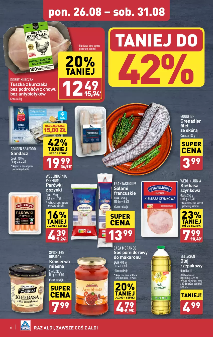 Gazetka promocyjna Aldi - Pełna oferta - ważna 26.08 do 31.08.2024 - strona 6 - produkty: Bell, Bella, Golden Seafood, Grenadier, Kiełbasa, Kiełbasa szynkowa, Kurczak, Makaron, Olej, Olej rzepakowy, Parówki, Parówki z szynki, Salami, Sandacz, Ser, Sos, Sos pomidorowy, Spichlerz Rusiecki, Tusz