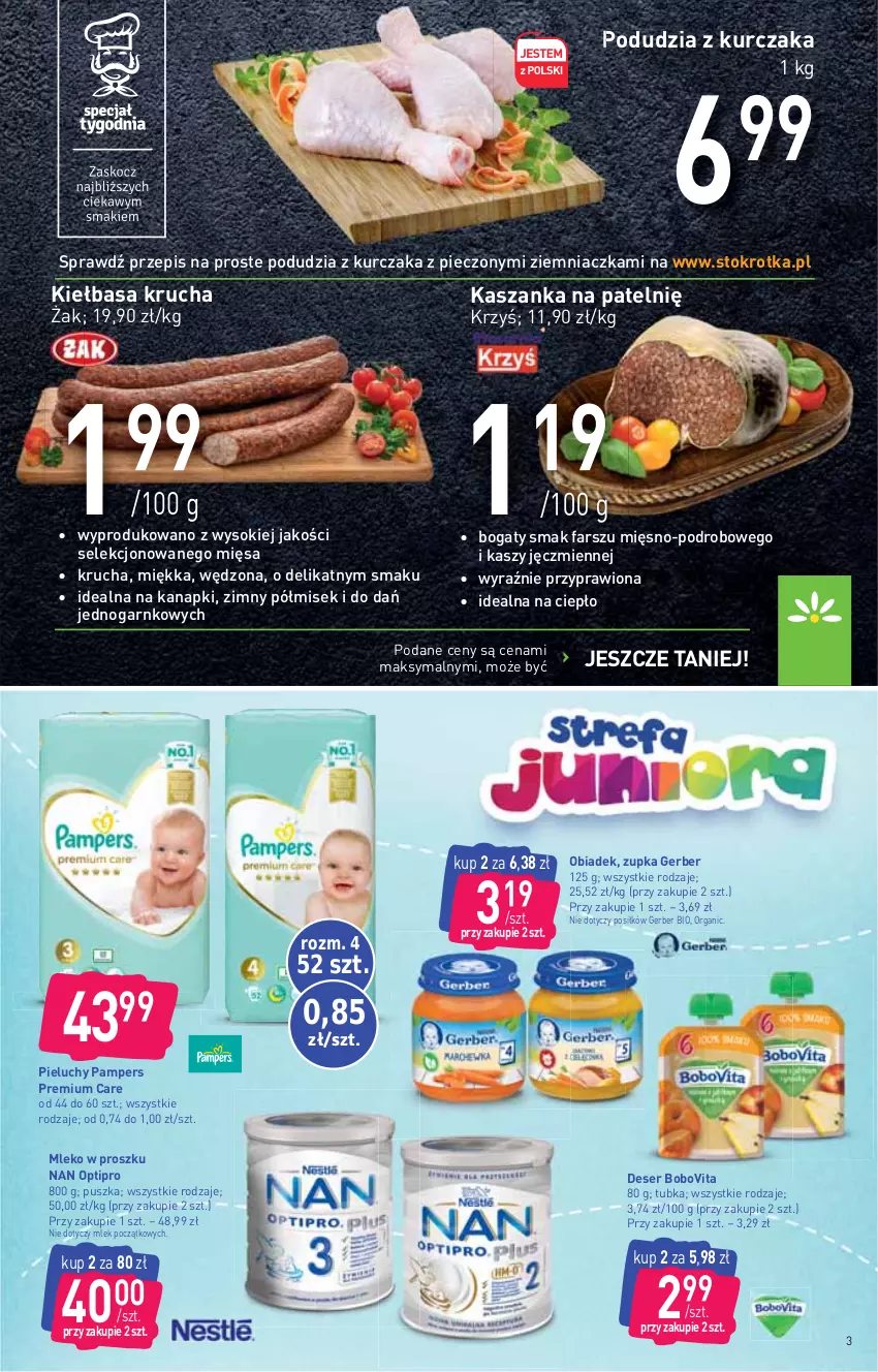 Gazetka promocyjna Stokrotka - Supermarket - ważna 30.09 do 06.10.2021 - strona 3 - produkty: BoboVita, Deser, Fa, Gerber, Kasza, Kaszanka, Kiełbasa, Kiełbasa krucha, Kurczak, Mleko, Mleko w proszku, NAN Optipro, Pampers, Piec, Pieluchy, Ser, Sok