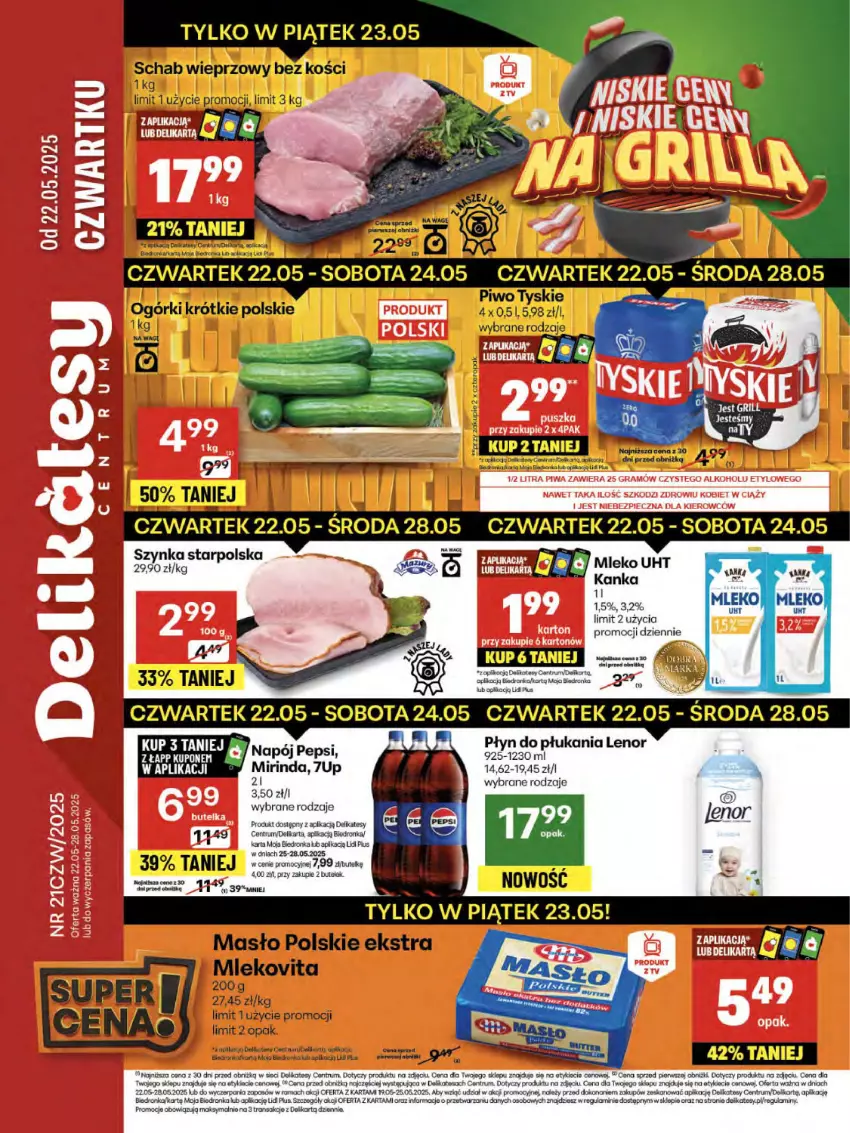 Gazetka promocyjna Delikatesy Centrum - Franczyza DC21 Czwartek - ważna 22.05 do 28.05.2025 - strona 1 - produkty: 7up, Fa, Koc, Lenor, Masło, Mirinda, Mleko, Mlekovita, Napój, Pepsi, Piwo, Płyn do płukania, Rama, Rum, Schab wieprzowy, Sok, Szynka, Tran, Tyskie