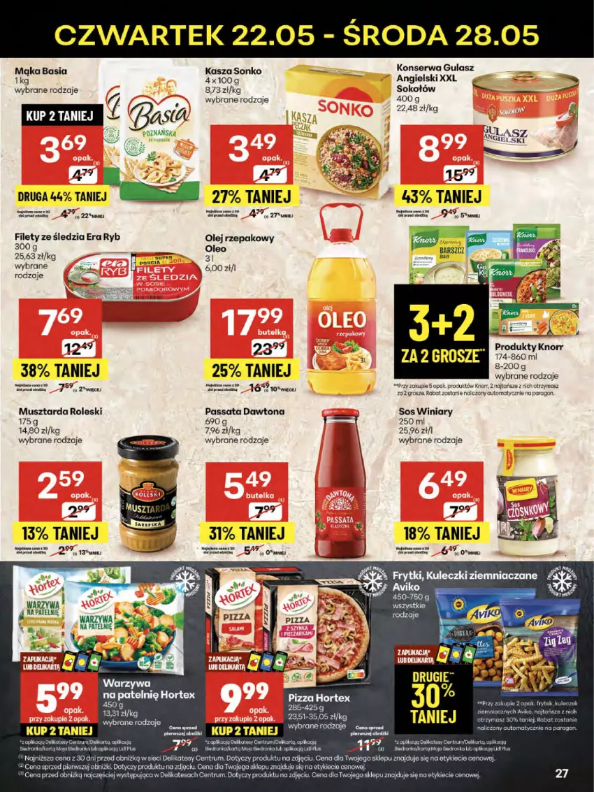 Gazetka promocyjna Delikatesy Centrum - Franczyza DC21 Czwartek - ważna 22.05 do 28.05.2025 - strona 27 - produkty: Basia, Dawtona, Era Ryb, Frytki, Hortex, Kasza, Knorr, Mąka, Mus, Musztarda, Olej, Olej rzepakowy, Oleo, Orka, Rum, Ser, Sok, Sokołów, Sonko, Sos, Winiary