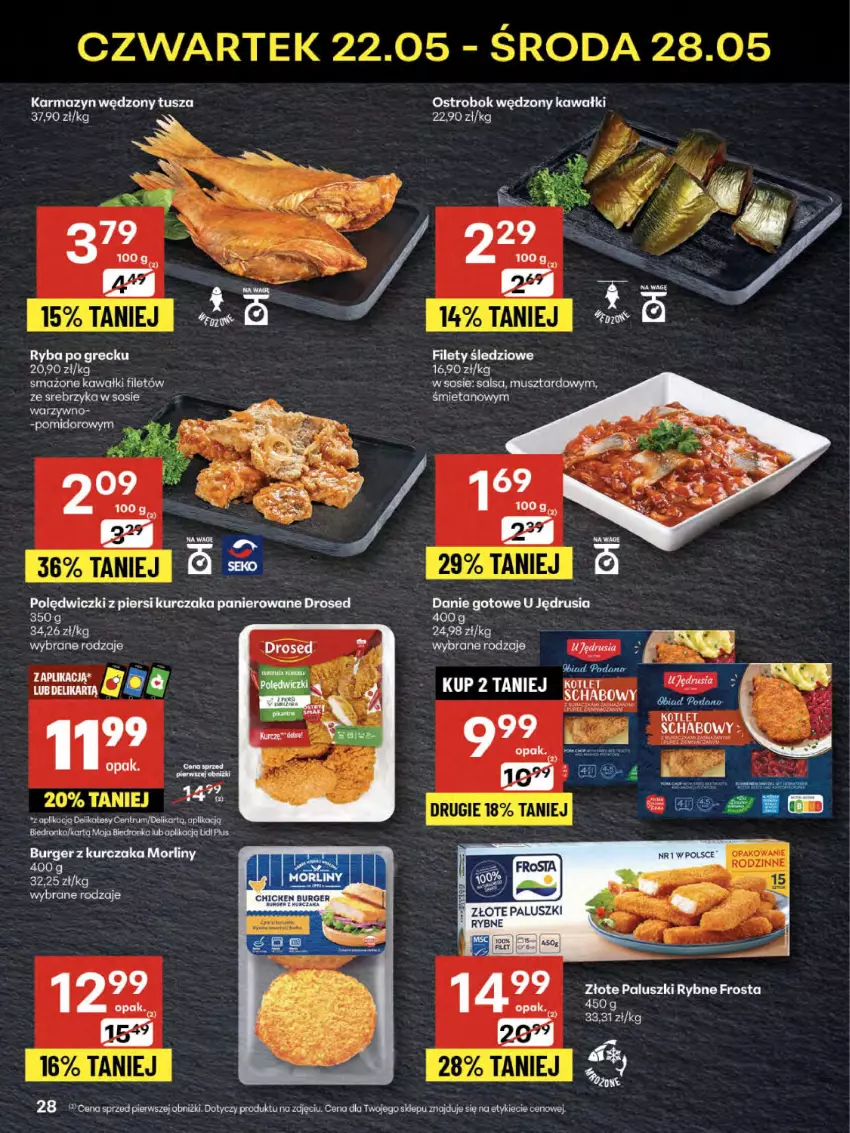 Gazetka promocyjna Delikatesy Centrum - Franczyza DC21 Czwartek - ważna 22.05 do 28.05.2025 - strona 28 - produkty: Burger, Danie gotowe, Frosta, Karmazyn wędzony, Kawa, Kotlet, Kurczak, Morliny, Mus, Paluszki rybne, Por, Ryba, Ryba po grecku, Salsa, Sos, Tusz