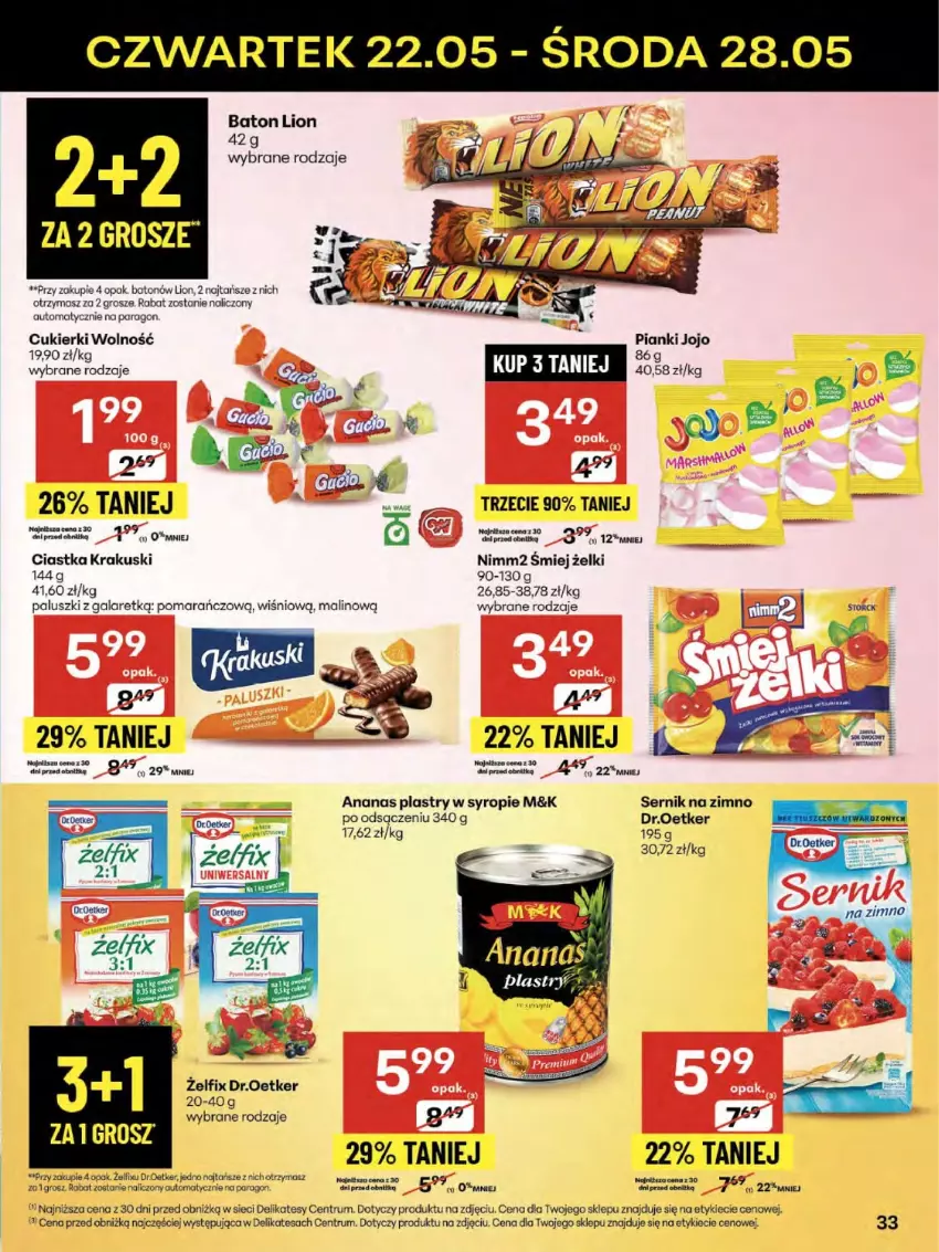 Gazetka promocyjna Delikatesy Centrum - Franczyza DC21 Czwartek - ważna 22.05 do 28.05.2025 - strona 33 - produkty: Ananas, Baton, Ciastka, Gala, Krakus, Krakuski, LG, Lion, Nimm2, Rum, Ser, Syrop