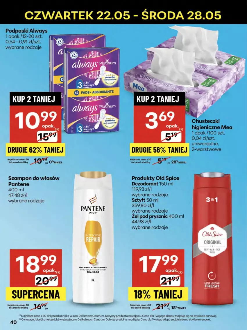 Gazetka promocyjna Delikatesy Centrum - Franczyza DC21 Czwartek - ważna 22.05 do 28.05.2025 - strona 40 - produkty: Always, Chusteczki, Dezodorant, Old Spice, Pantene, Podpaski, Rum, Szampon