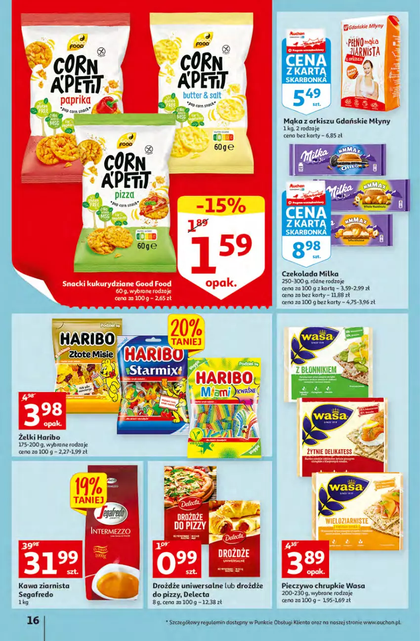 Gazetka promocyjna Auchan - przeNISKIE CENY Jedz zdrowo i czuj się przepięknie Hipermarkety - ważna 10.03 do 16.03.2022 - strona 16 - produkty: Chrupki, Czekolada, Delecta, Drożdże, Drożdże do pizzy, Fa, Haribo, Kawa, Kawa ziarnista, Mąka, Milka, Piec, Pieczywo, Pieczywo chrupkie, Pizza, Segafredo, Wasa