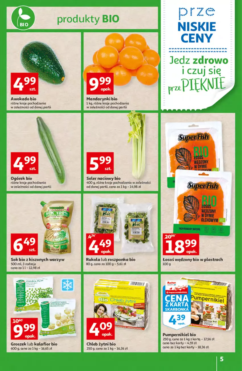 Gazetka promocyjna Auchan - przeNISKIE CENY Jedz zdrowo i czuj się przepięknie Hipermarkety - ważna 10.03 do 16.03.2022 - strona 5 - produkty: Chleb, Groszek, Kalafior, Mandarynki, Ogórek, Roszponka, Rukola, Seler naciowy, Sok