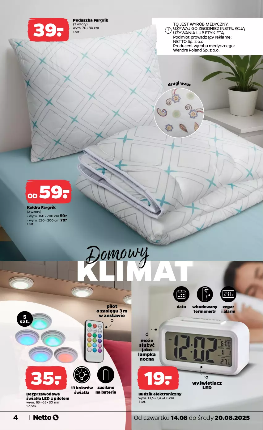 Gazetka promocyjna Netto - Od Czwartku Przemysłowa - ważna 14.08 do 20.08.2025 - strona 4 - produkty: Budzik, Fa, Kołdra, Poduszka, Silan, Termometr, Zegar