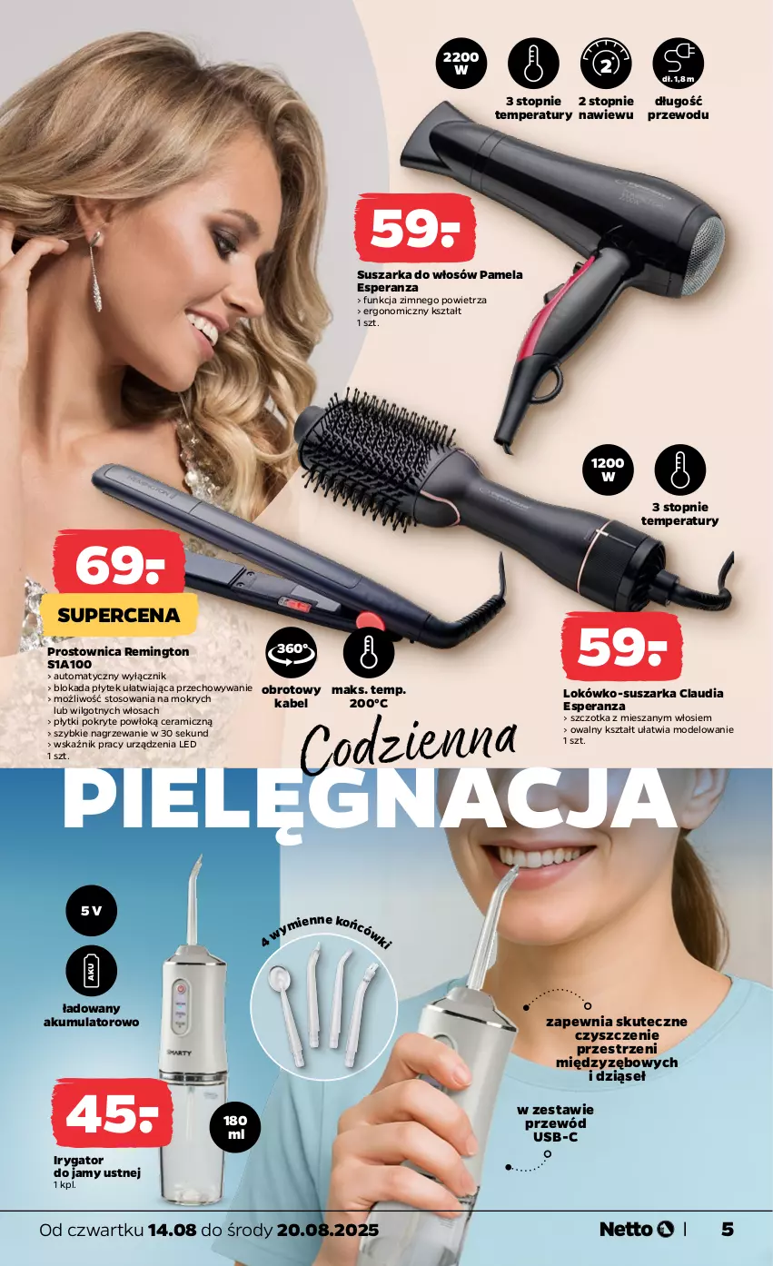 Gazetka promocyjna Netto - Od Czwartku Przemysłowa - ważna 14.08 do 20.08.2025 - strona 5 - produkty: Akumulator, Irygator, LG, Przewód, Remington, Suszarka, Szczotka, Top