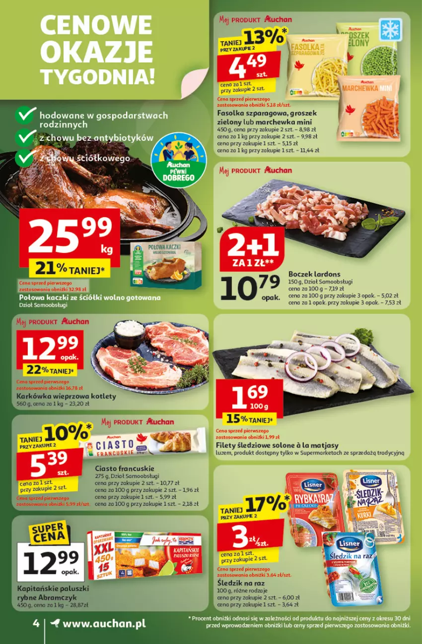 Gazetka promocyjna Auchan - Wielkie przeboje cenowe Supermarket - ważna 16.10 do 22.10.2025 - strona 4 - produkty: Boczek, Ciasto francuskie, Fa, Groszek, Karkówka wieprzowa, Kotlet, Marchewka, Matjas, Paluszki rybne