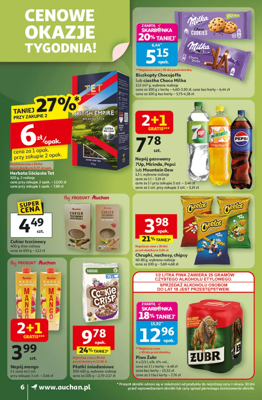 Gazetka promocyjna Auchan - Wielkie przeboje cenowe Supermarket - ważna 16.10 do 22.10.2025 - strona 6 - produkty: Biszkopty, Chipsy, Chrupki, Ciastka, Cukier, Cukier trzcinowy, Danio, Fa, Gra, Herbata, Mango, Milka, Mirinda, Napój, Napój gazowany, Pepsi, Piwa, Piwo