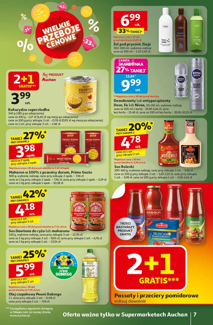 Gazetka promocyjna Auchan - Wielkie przeboje cenowe Supermarket - ważna 16.10 do 22.10.2025 - strona 7 - produkty: Antyperspirant, Dawtona, Dezodorant, Dove, Fa, Gra, Kukurydza, Makaron, Mus, Nivea, Odol, Olej, Olej rzepakowy, Rum, Ryż, Sos, Ziaja