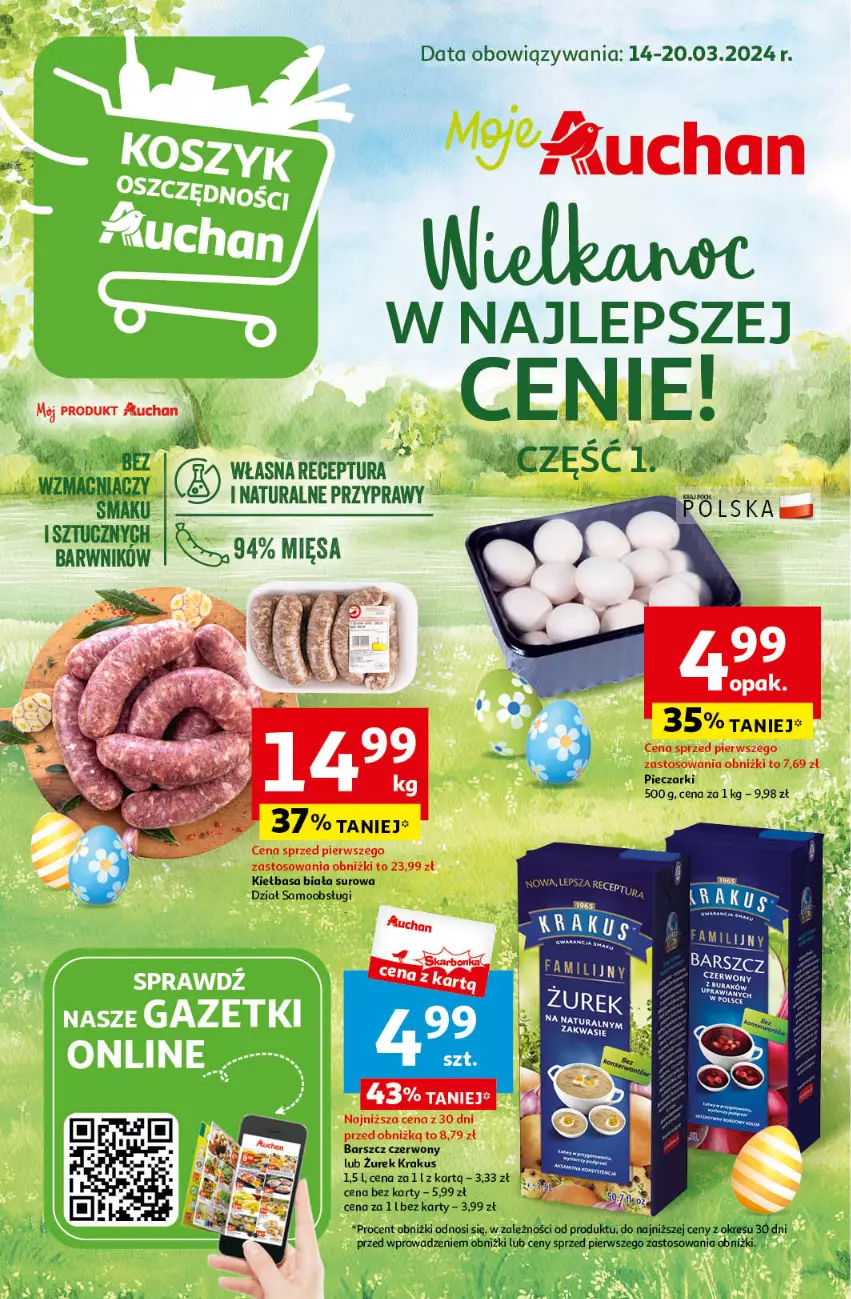 Gazetka promocyjna Auchan - Wielkanoc z najlepszej cenie! Część 1. Moje Auchan - ważna 14.03 do 20.03.2024 - strona 1 - produkty: Kiełbasa, Kiełbasa biała, Krakus, Piec, Przyprawy