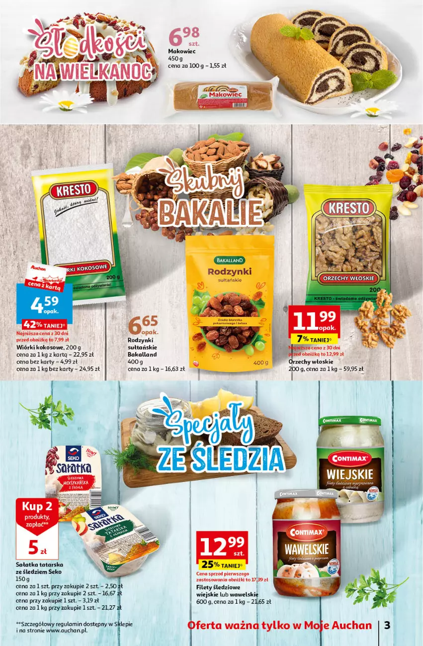 Gazetka promocyjna Auchan - Wielkanoc z najlepszej cenie! Część 1. Moje Auchan - ważna 14.03 do 20.03.2024 - strona 3 - produkty: Bakalland, Kokos, Orzechy włoskie, Rodzynki, Sałat, Sałatka, SEKO, Wawel, Wiórki kokosowe