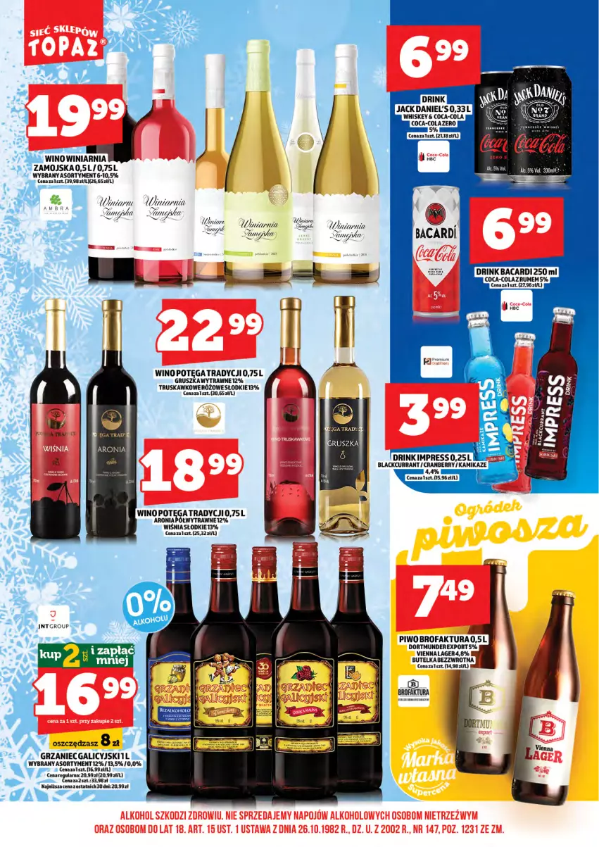 Gazetka promocyjna Topaz - Gazetka - ważna 15.12 do 31.12.2025 - strona 18 - produkty: Aronia, Bacardi, Coca-Cola, Fa, Grzaniec Galicyjski, Piwo, Por, Rum, Whiskey, Wino
