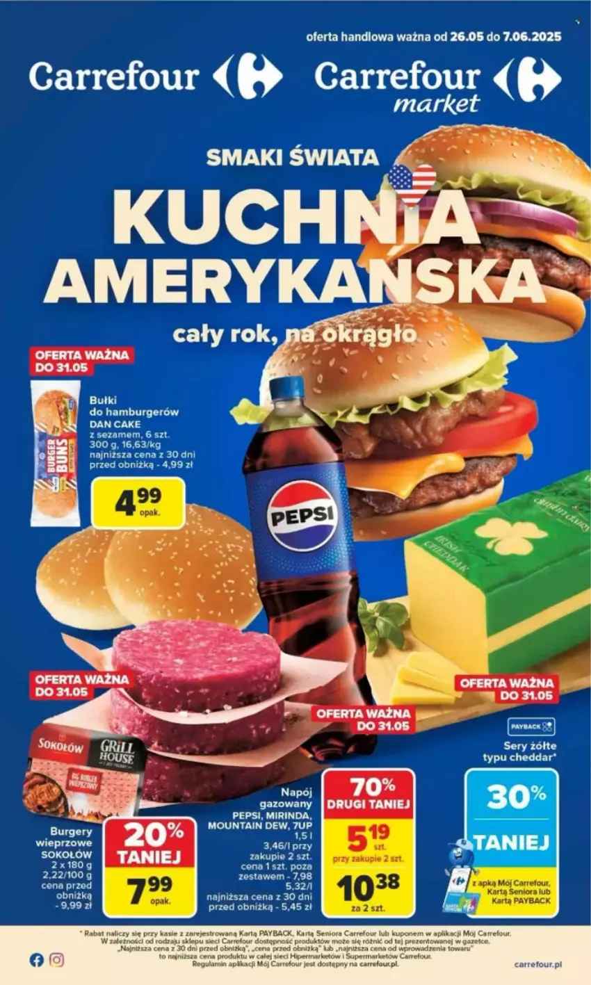 Gazetka promocyjna Carrefour - ważna 26.05 do 07.06.2025 - strona 1 - produkty: 7up, Burger, Hamburger, Mirinda, Napój, Napój gazowany, Pepsi, Ser