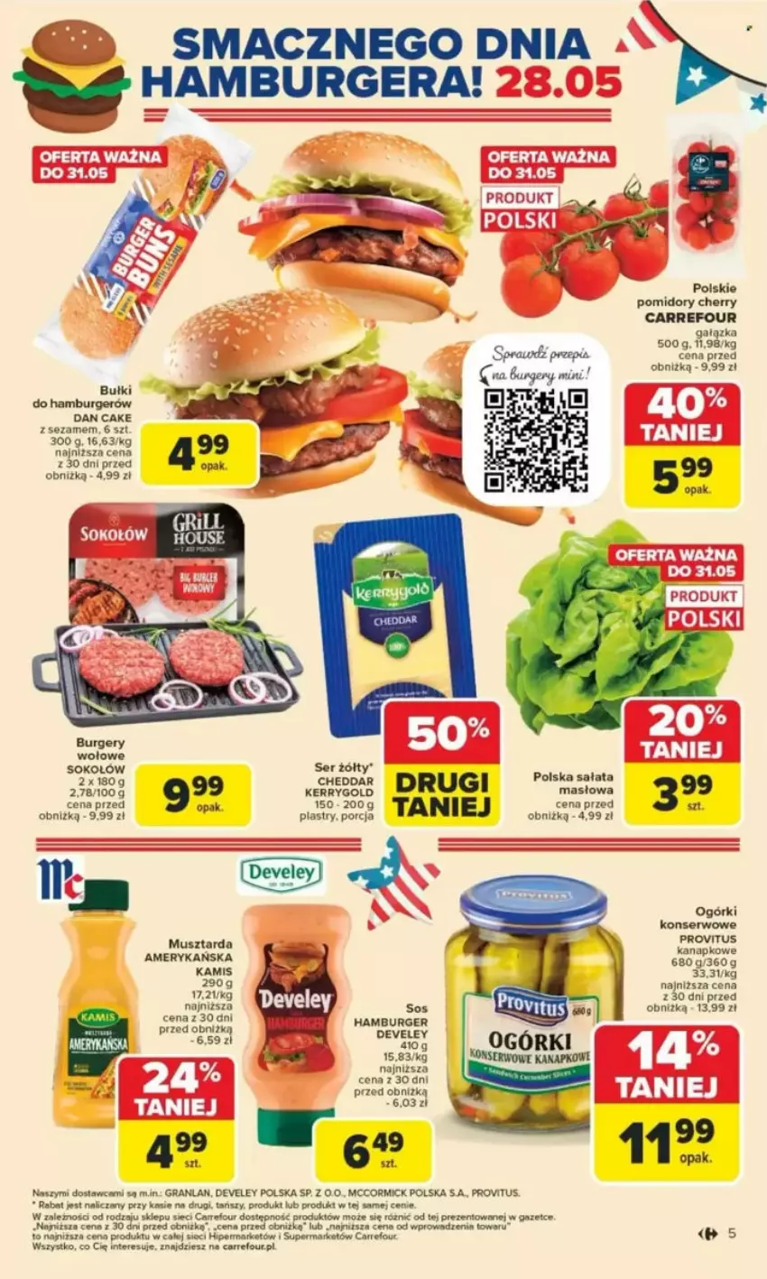 Gazetka promocyjna Carrefour - ważna 26.05 do 07.06.2025 - strona 28 - produkty: Burger, Cheddar, Dan Cake, Gra, Grill, Hamburger, Kamis, Mars, Mus, Musztarda, Ogórki konserwowe, Pomidory, Por, Ser, Sok, Sokołów