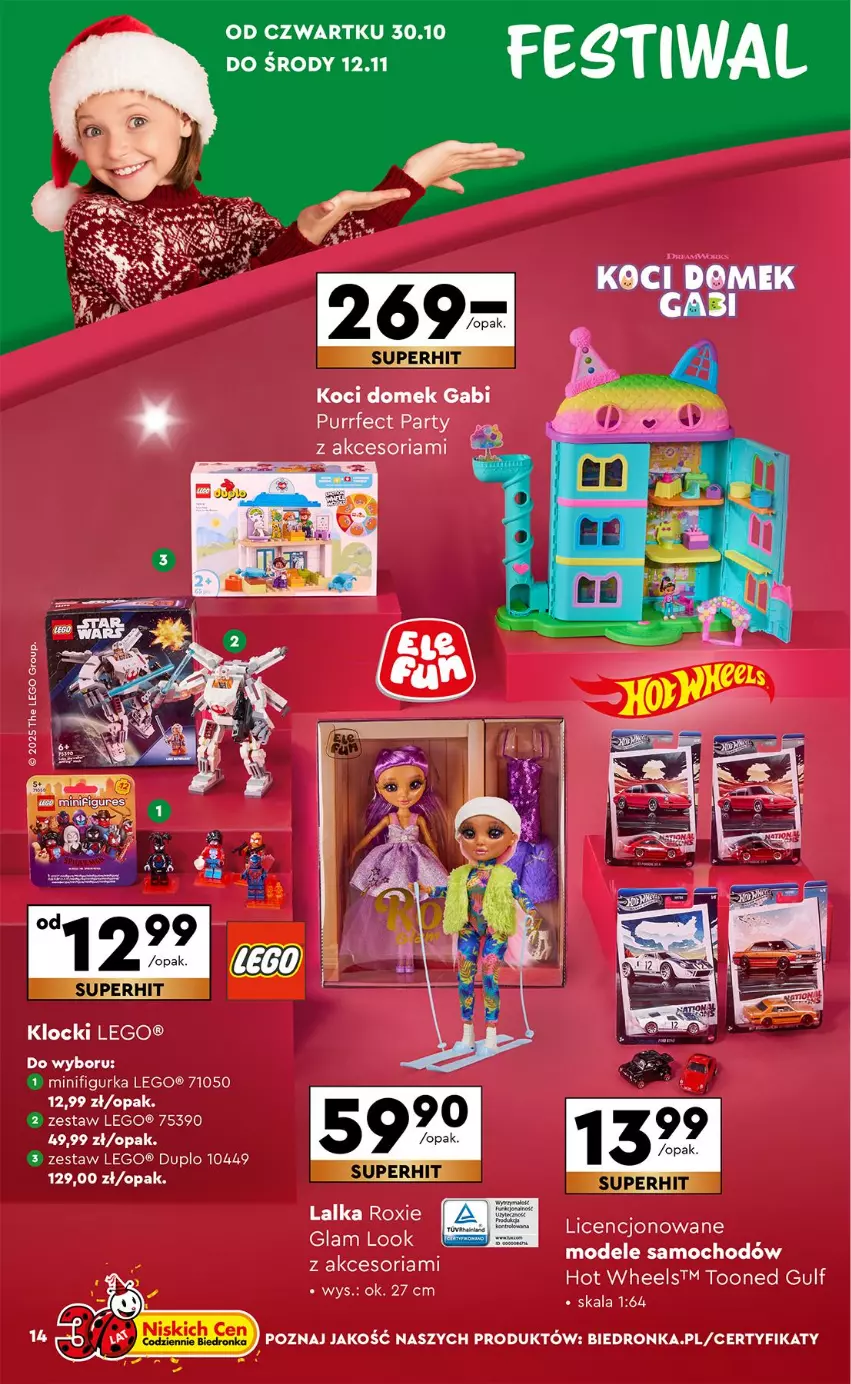 Gazetka promocyjna Biedronka - Okazje Tygodnia - ważna 27.10 do 08.11.2025 - strona 14 - produkty: Hot Wheels, Koc, Lalka, LEGO, Pur
