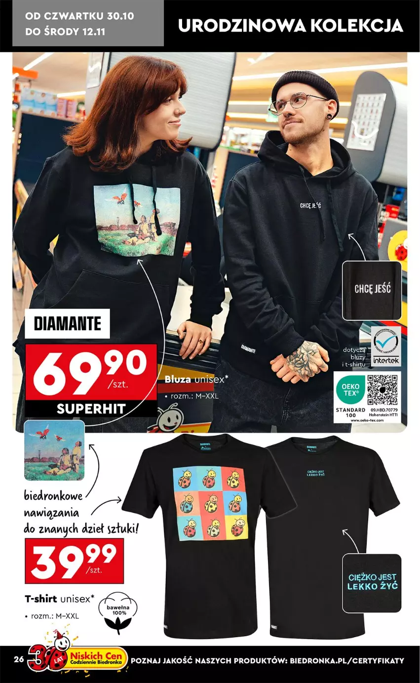 Gazetka promocyjna Biedronka - Okazje Tygodnia - ważna 27.10 do 08.11.2025 - strona 26 - produkty: Bluza, Diamant, Fa, T-shirt, Wełna