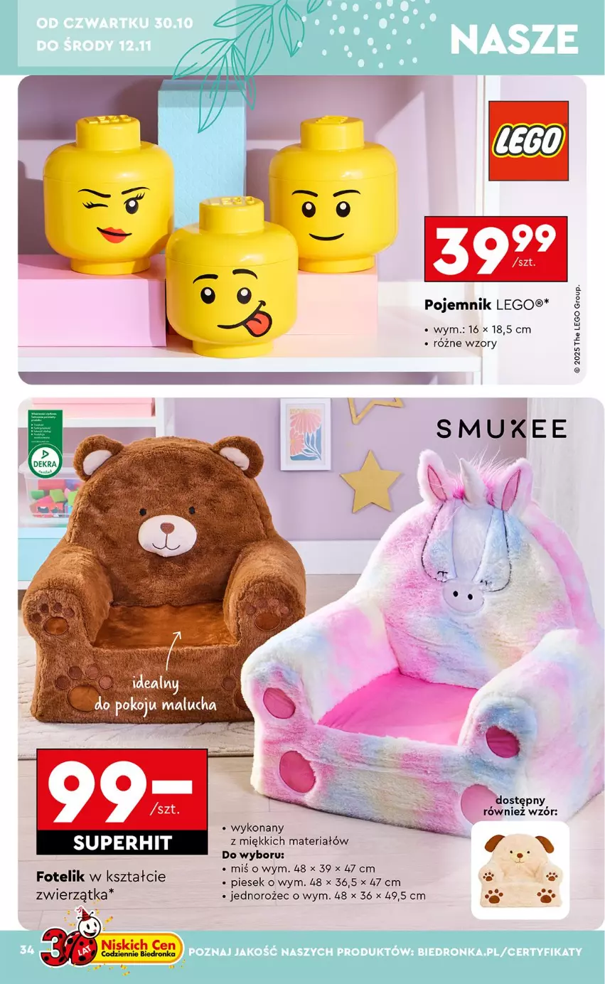 Gazetka promocyjna Biedronka - Okazje Tygodnia - ważna 27.10 do 08.11.2025 - strona 34 - produkty: Fotel, Fotelik, Jednorożec, LEGO, Pojemnik
