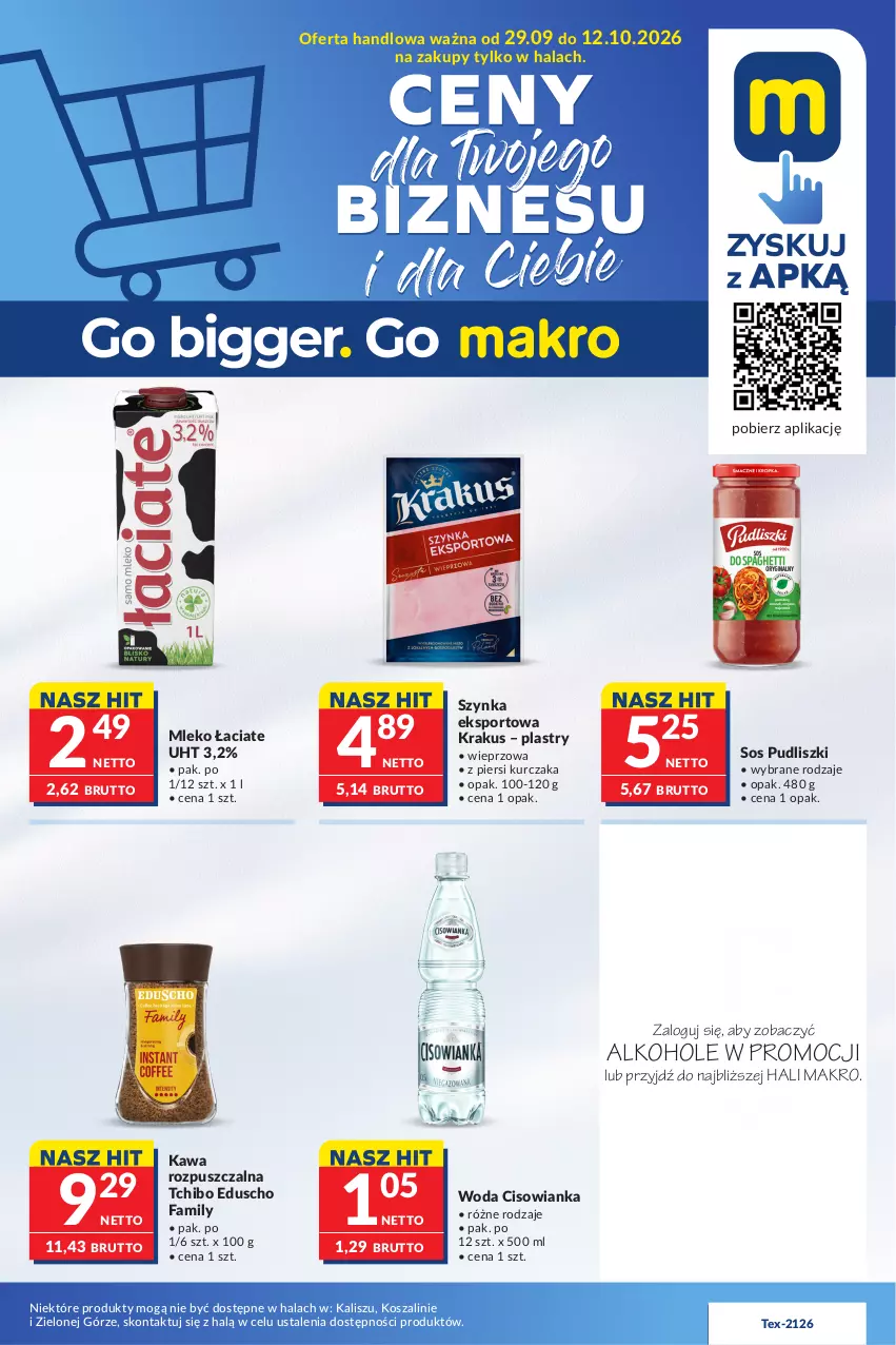 Gazetka promocyjna Makro - Mega oferty dla Twojego Sklepu - ważna 29.09 do 12.10.2026 - strona 1 - produkty: Alkohole, Cisowianka, Fa, Gra, JBL, Kawa, Kawa rozpuszczalna, Kosz, Krakus, Kurczak, Lech Premium, Mleko, Piwo, Por, Pudliszki, Sos, Sport, Szal, Szynka, Tchibo, Top, Woda