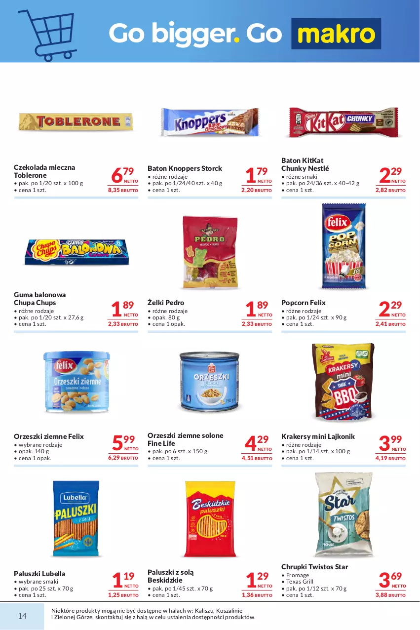 Gazetka promocyjna Makro - Mega oferty dla Twojego Sklepu - ważna 29.09 do 12.10.2026 - strona 14 - produkty: Baton, Bell, Bella, Beskidzki, Chrupki, Chupa Chups, Czekolada, Czekolada mleczna, Felix, Grill, Knoppers, Kosz, Krakersy, Lajkonik, Lubella, Nestlé, Orzeszki, Orzeszki ziemne, Popcorn, Szal, Toblerone