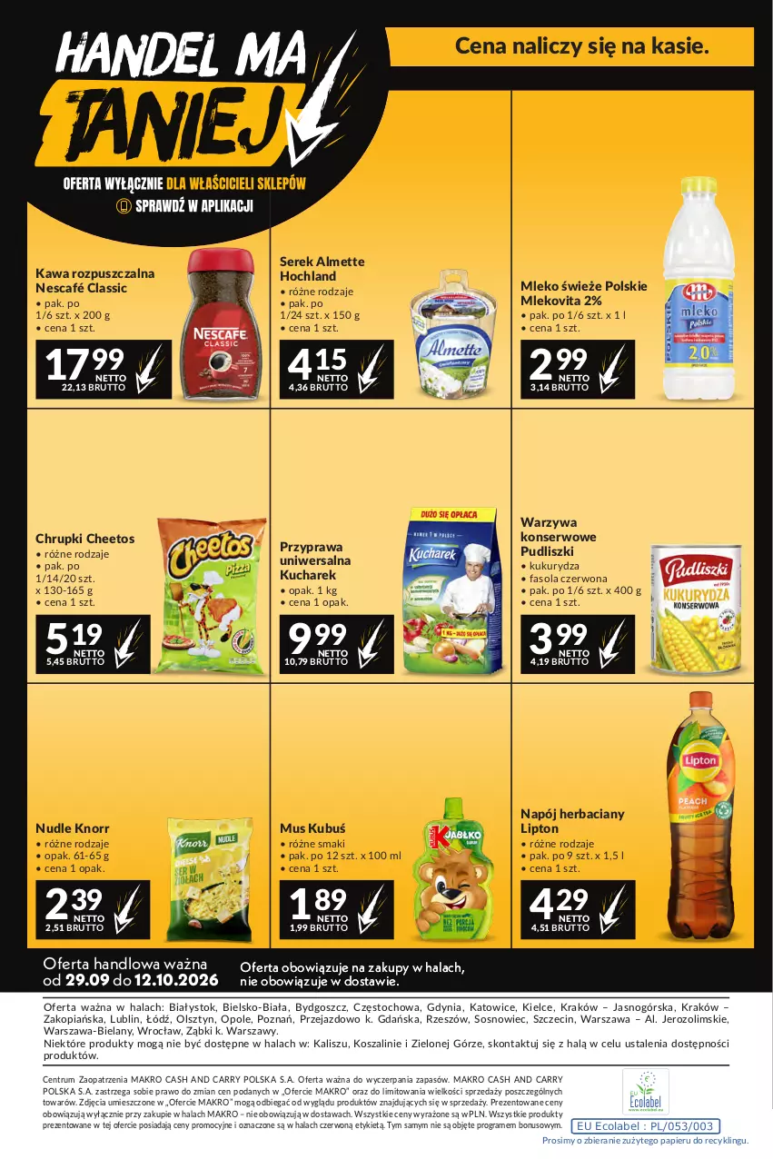 Gazetka promocyjna Makro - Mega oferty dla Twojego Sklepu - ważna 29.09 do 12.10.2026 - strona 24 - produkty: Almette, Cheetos, Chrupki, Fa, Fasola, Gra, Hochland, Kawa, Kawa rozpuszczalna, Knorr, Kosz, Kubuś, Kucharek, Kukurydza, Lipton, Mleko, Mlekovita, Mus, Napój, Nescafé, Papier, Przyprawa uniwersalna, Pudliszki, Rum, Ser, Serek, Sos, Szal, Warzywa, Warzywa konserwowe