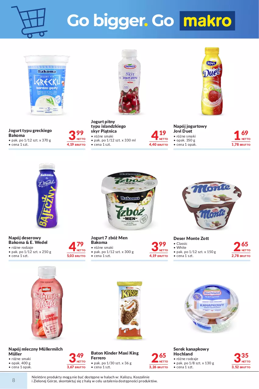 Gazetka promocyjna Makro - Mega oferty dla Twojego Sklepu - ważna 29.09 do 12.10.2026 - strona 8 - produkty: Bakoma, Baton, Deser, E. Wedel, Ferrero, Hochland, Isla, Jogurt, Jogurt pitny, Kinder, Kosz, Monte, Müller, Müllermilch, Napój, Napój jogurtowy, Napój mleczny, Piątnica, Ser, Serek, Serek kanapkowy, Szal, Zott
