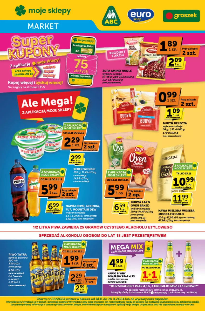 Gazetka promocyjna ABC - ważna 14.11 do 26.11.2024 - strona 1 - produkty: Budyń, Chipsy, Delecta, Kawa, Kawa mielona, Laur, Mirinda, Mocca Fix Gold, Napój, Pepsi, Por, Ser, Serek, Serek wiejski, Somersby, Woseba, Zupa