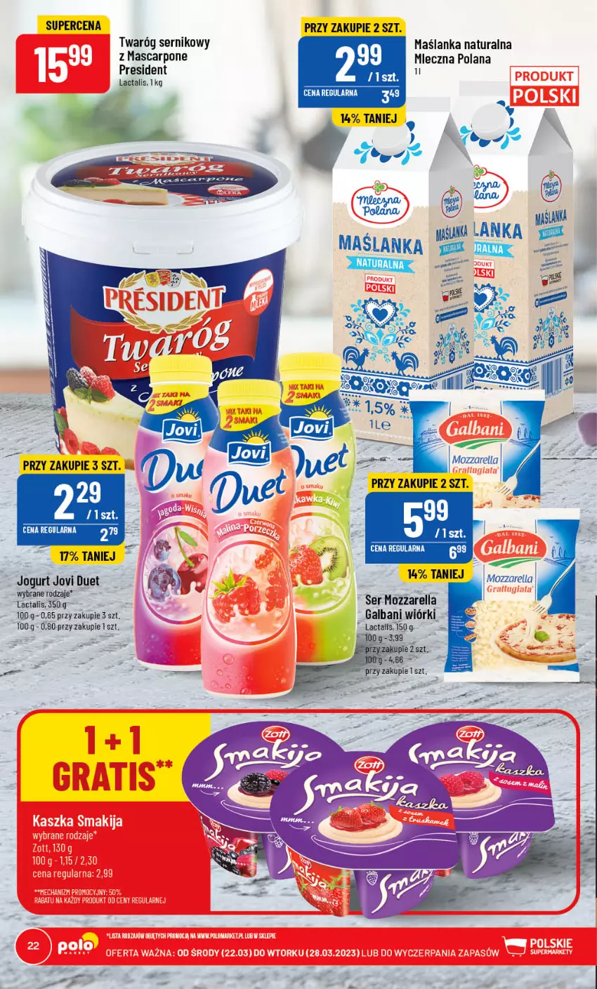 Gazetka promocyjna PoloMarket - Gazetka pomocyjna - ważna 22.03 do 28.03.2023 - strona 22 - produkty: Galbani, Jogurt, LANA, Mascarpone, Maślanka, Mozzarella, Ser, Twaróg